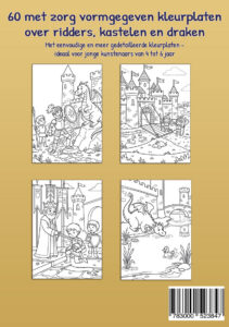 Goudkleurige achterkant van een kleurboek met vier voorbeeldkleurplaten: een ridder en een kind bij een draak, twee kinderen bij een ophaalbrug en kasteel, een koning bij een knielende ridder en een draak bij de slotgracht met een eend.