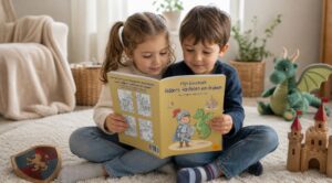Twee kinderen bekijken samen een kleurboek over ridders, kastelen en draken op het tapijt; naast hen staan een pluchen draak, een houten speelgoedkasteel en een speelgoedschild.