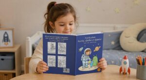 Een kind bekijkt een kleurboek over ruimte, raketten en planeten aan tafel; daarnaast staan een speelgoedraket en kleurpotloden, met ster- en maankussens op het bed erachter.