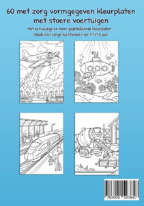 Lichtblauwe achterkant van een voertuigenkleurboek met vier voorbeeldkleurplaten: een blusvliegtuig boven een bos, een onderzeeër met vissen en een zeeschildpad, een hogesnelheidstrein op het station en een betonmixer op een bouwplaats.