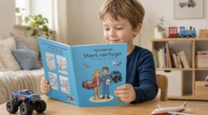 Een kind bekijkt een lichtblauw voertuigenkleurboek aan tafel; daarnaast staan een speelgoedmonstertruck en een speelgoedvliegtuig.
