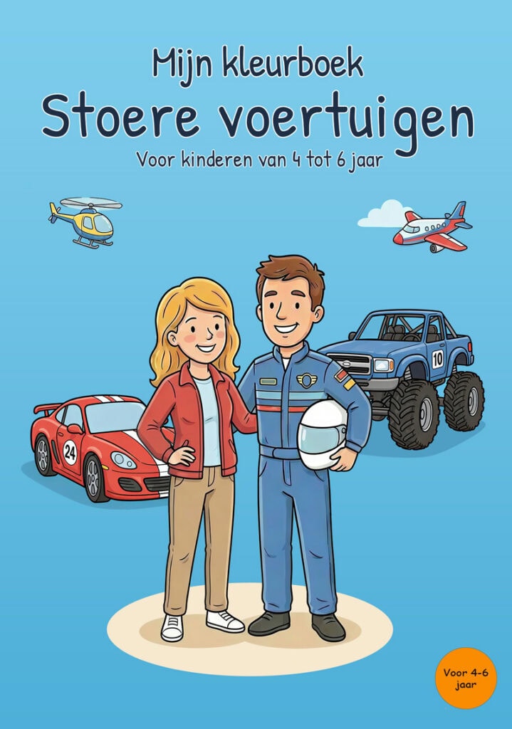 mijn-kleurboek-stoere-voertuigen-voorkant Lichtblauwe voorkant van een voertuigenkleurboek met twee personen, een rode raceauto, een blauwe monstertruck, een helikopter en een vliegtuig.