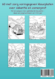 Turquoise achterkant van Mijn kleurboek Vakantie en zomerpret met vier voorbeeldkleurplaten: een camper in de bergen, een gezin in een boot, een gezin dat een tent opzet en kinderen bij een waterglijbaan.