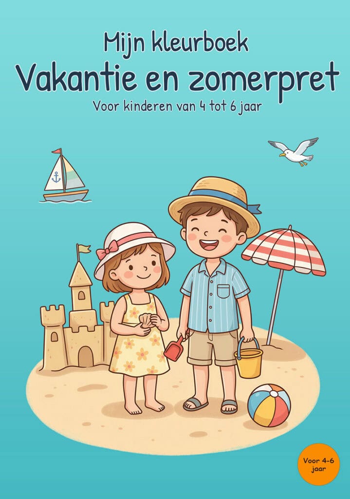 mijn-kleurboek-vakantie-en-zomerpret-voorkant Turquoise voorkant van Mijn kleurboek Vakantie en zomerpret met twee kinderen op het strand, een zandkasteel, parasol, strandbal, zeilboot en meeuw.