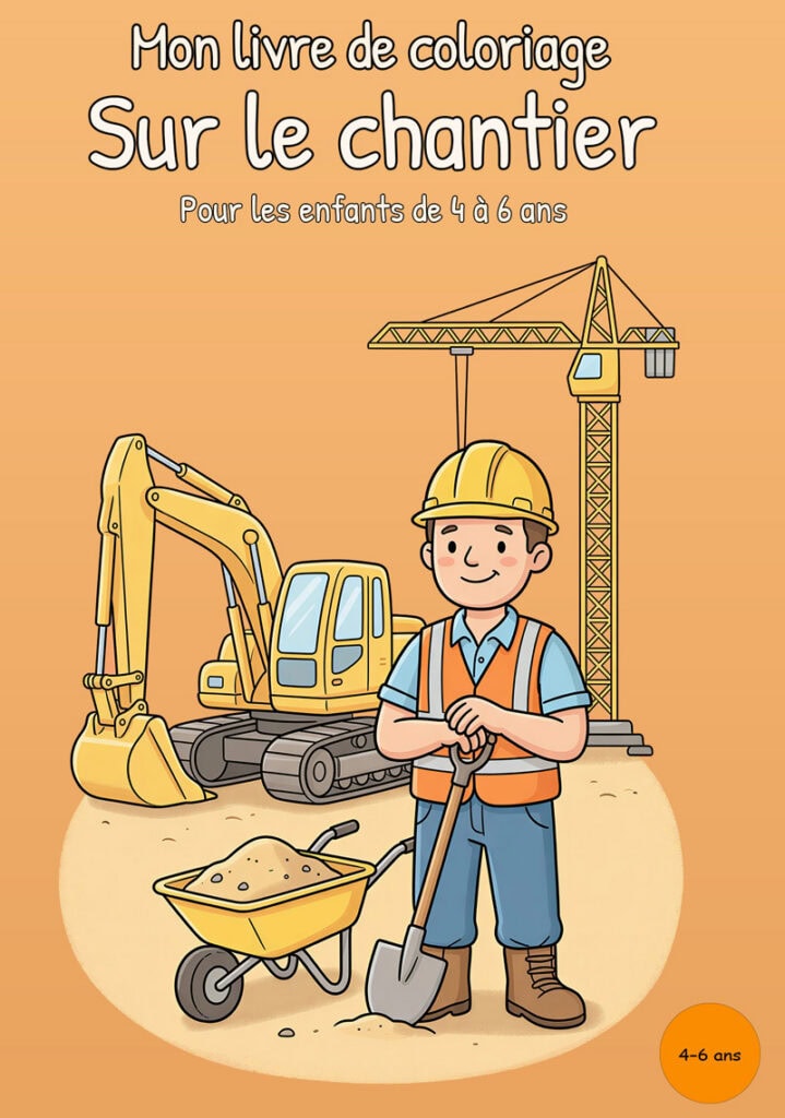 mon-livre-coloriage-chantier-premiere-couverture Couverture orange montrant un ouvrier du bâtiment avec un casque, un gilet de sécurité et une pelle, accompagné d’une brouette remplie de sable, d’une pelleteuse et d’une grue.