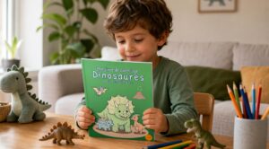 Un enfant assis à une table tient Mon livre de coloriage Dinosaures, entouré d’une peluche dinosaure, de figurines et de crayons de couleur.