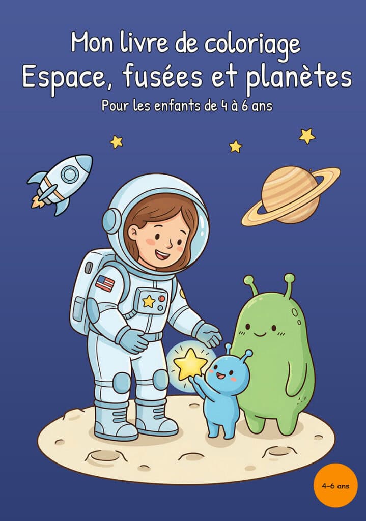 mon-livre-coloriage-espace-premiere-couverture Couverture bleue montrant un astronaute sur un sol lunaire avec deux extraterrestres sympathiques, une fusée, une planète à anneaux et plusieurs étoiles.