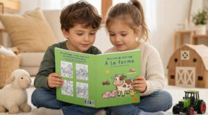 Deux enfants assis sur un tapis regardent ensemble Mon livre de coloriage à la ferme, avec une peluche mouton, une grange en bois et un tracteur miniature autour d’eux.