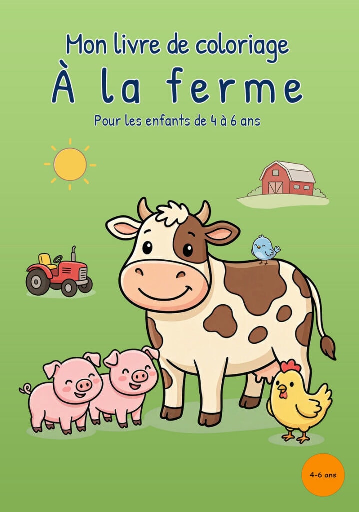 mon-livre-coloriage-ferme-premiere-couverture Couverture verte de Mon livre de coloriage à la ferme avec une vache, deux cochons, une poule, un petit oiseau, un tracteur, une grange et un soleil.