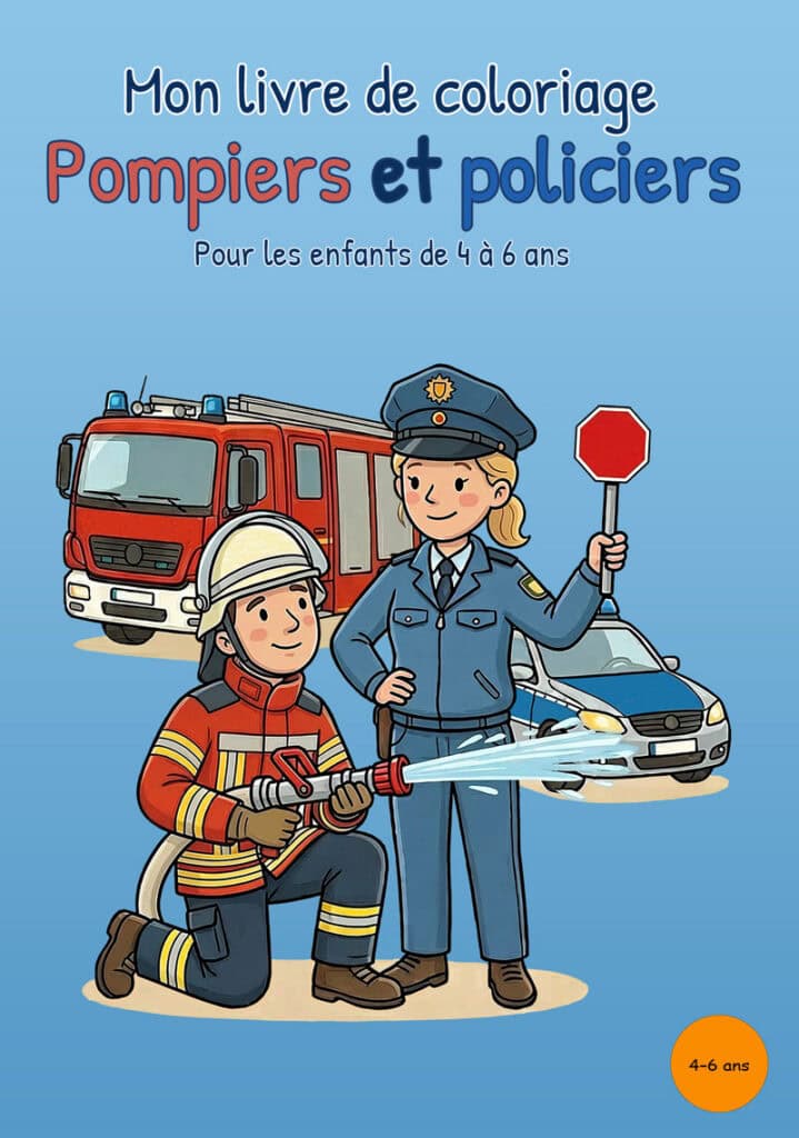 mon-livre-coloriage-pompiers-policiers-premiere-couverture Couverture bleue de Mon livre de coloriage Pompiers et policiers avec une pompière tenant une lance, une policière avec un panneau de signalisation, un camion de pompiers et une voiture de police.