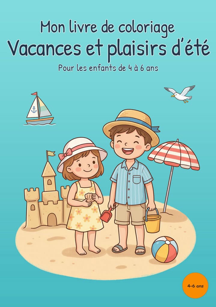 mon-livre-coloriage-vacances-premiere-couverture Couverture turquoise montrant deux enfants sur la plage avec un château de sable, un parasol, un ballon de plage, un voilier et une mouette.