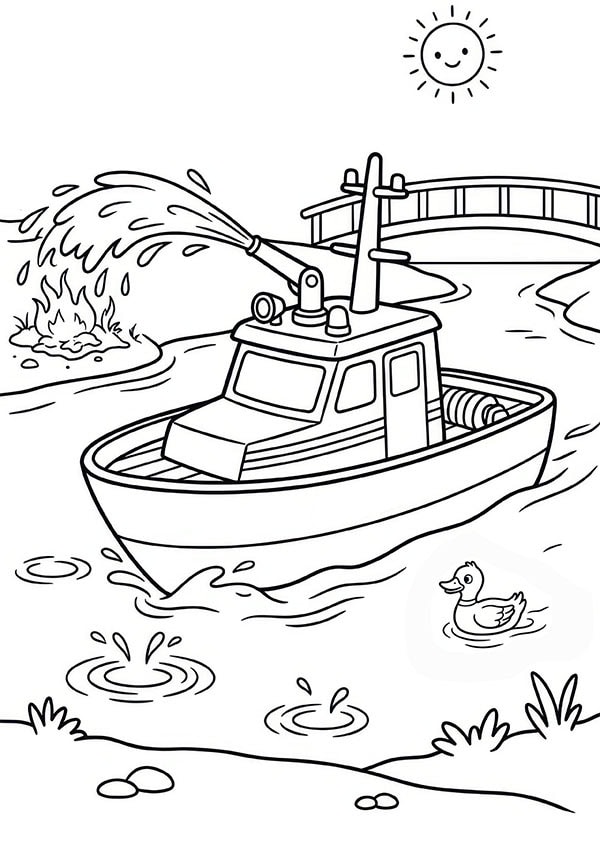 Gratis kleurplaat uit het boek Mijn kleurboek Brandweer en politie met een brandweerboot op het water tijdens een kleine blusactie