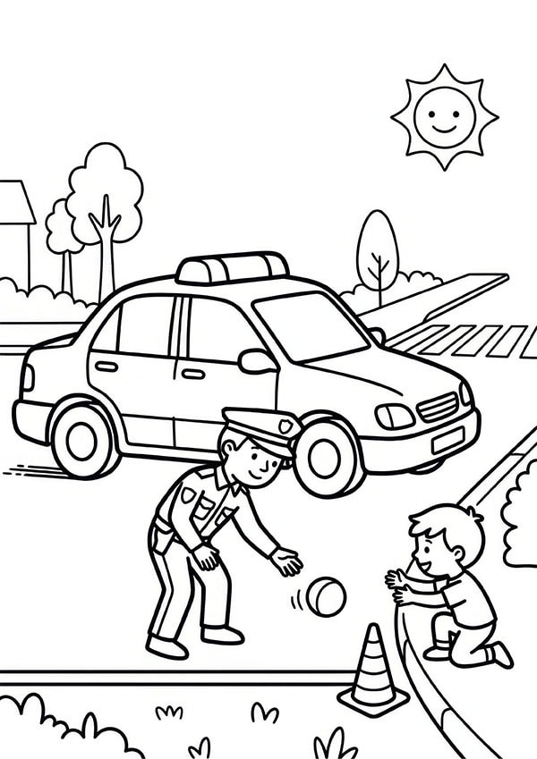 Gratis kleurplaat uit het boek Mijn kleurboek Brandweer en politie met een politieauto en een politieagente die een kind helpt