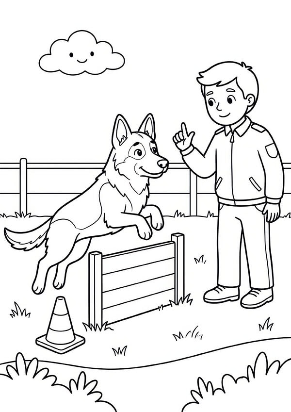 Gratis kleurplaat uit het boek Mijn kleurboek Brandweer en politie met een politiehond tijdens een training en een vriendelijke politieagent