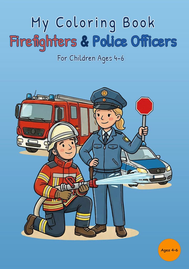 Front cover of My Coloring Book Firefighters & Police Officers with a firefighter using a hose, a police officer holding a stop sign, a fire truck, and a police car on a blue background
