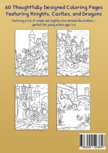 Back cover of My Coloring Book Knights, Castles & Dragons showing four sample coloring pages with knights, castles, a king, a dragon, a drawbridge, and a castle moat