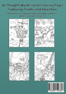 Back cover of My Coloring Book Pirates & Adventure showing a lookout with a spyglass, a pirate cook in the ship's galley, four young pirates carrying a treasure chest, and a pirate beside a whale on the ship's deck