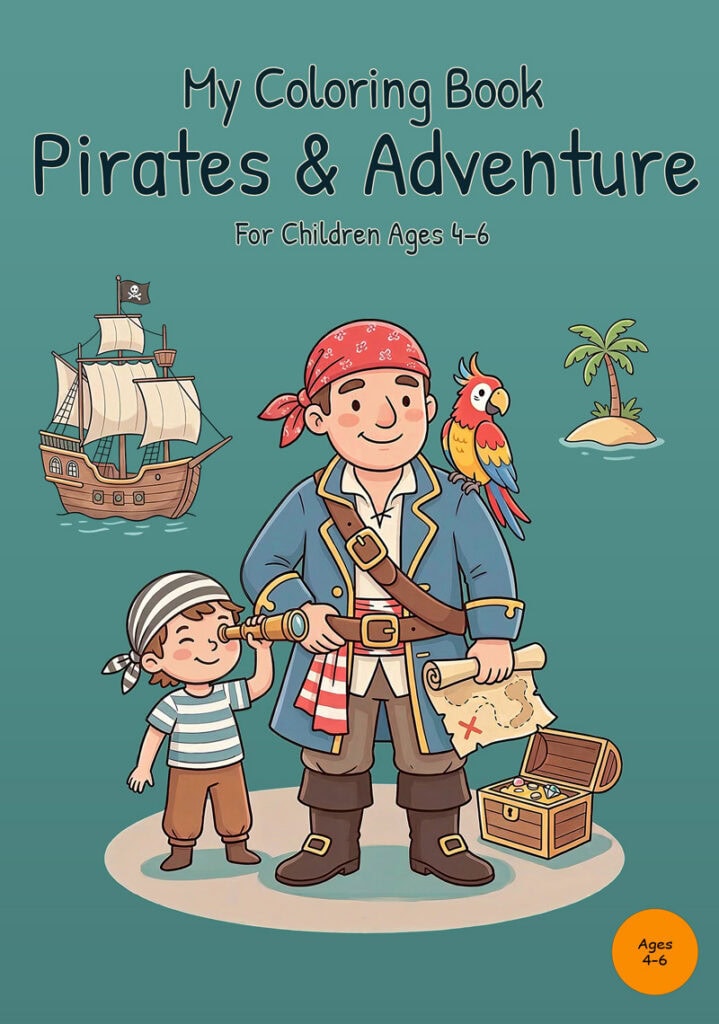 my-coloring-book-pirates-adventure-front-cover Front cover of My Coloring Book Pirates & Adventure with an adult pirate, a young pirate with a spyglass, a parrot, a pirate ship, a palm-tree island, a treasure map, and an open treasure chest on a teal background