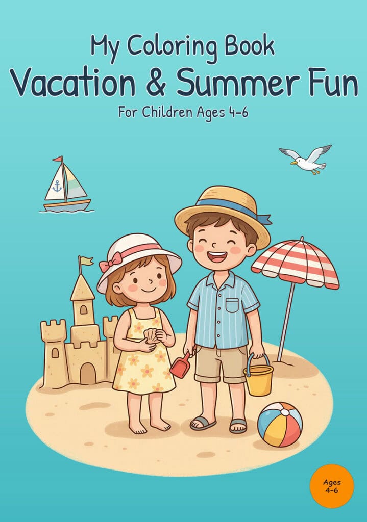Front cover of My Coloring Book Vacation & Summer Fun with two children at the beach beside a sandcastle, beach umbrella, beach ball, sailboat, and seagull