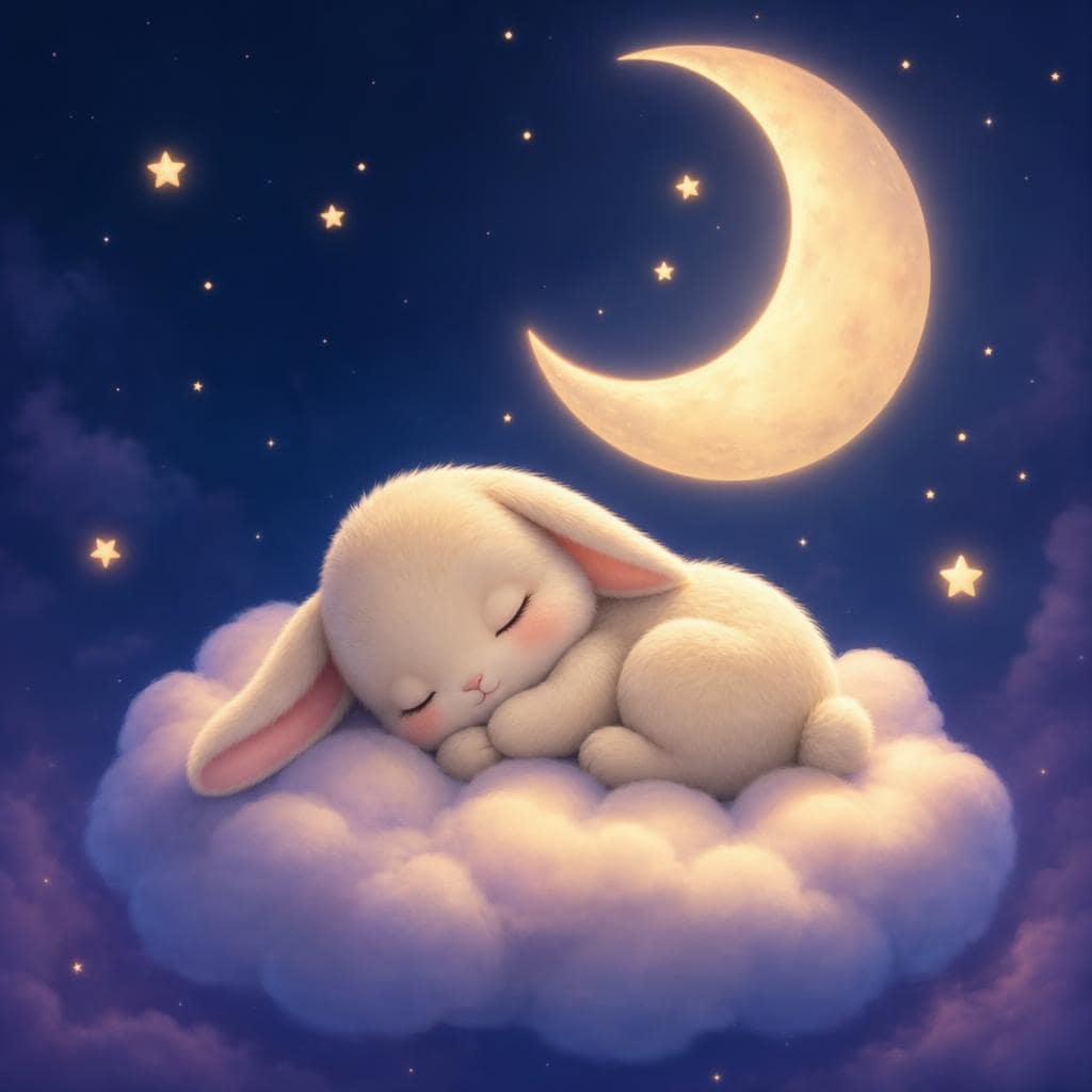 Schlafendes Häschen auf einer Wolke unter dem Mond – Schlafmusik für Kinder