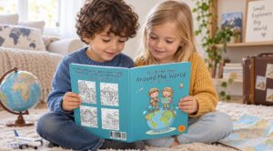 Two children read My Coloring Book Around the World on a carpet beside a globe, a toy airplane, a world map, and a travel suitcase