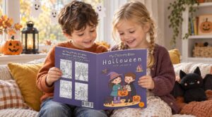 Two children read My Coloring Book Halloween on a sofa in a fall-decorated room with hanging ghost decorations, a jack-o'-lantern, a lantern, autumn leaves, and a black bat plush toy