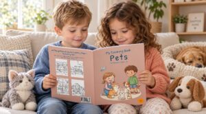 Two children read My Coloring Book Pets on a sofa beside plush cat and dog toys, with a dog resting on a blanket in the background