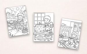 Trois pages de coloriage montrent, de gauche à droite, un enfant mangeant une tranche de pastèque lors d’un pique-nique en plein air, un enfant décorant une grande citrouille avec de la peinture, puis une enfant lisant près d’une cheminée tandis que la neige tombe dehors.