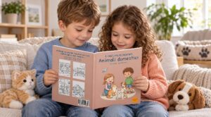 Due bambini sfogliano un libro da colorare sugli animali domestici seduti sul divano; accanto ci sono un gatto di peluche e un cane di peluche, mentre un cane dorme sul divano sullo sfondo.