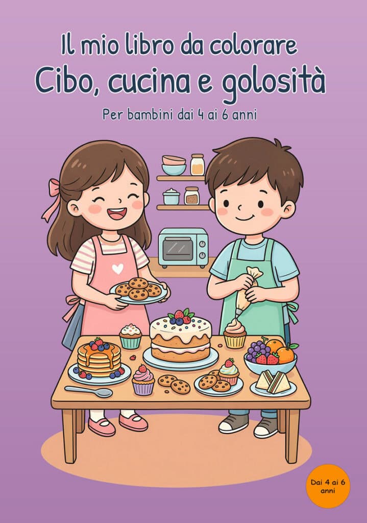 Copertina viola con due bambini in grembiule dietro un tavolo con pancake, torta, cupcake, biscotti, frutta e sandwich; la bambina tiene un piatto di biscotti e il bambino decora un cupcake con una sac à poche.