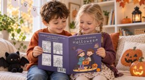 Due bambini sfogliano un libro da colorare di Halloween seduti sul divano; intorno ci sono una zucca intagliata, una lanterna, fantasmi decorativi e un peluche nero a forma di pipistrello.