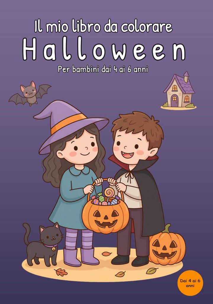 il-mio-libro-da-colorare-halloween-copertina Copertina viola con una bambina vestita da strega e un bambino vestito da vampiro che tengono un secchiello a forma di zucca pieno di dolci; accanto ci sono un gatto nero, una zucca intagliata, un pipistrello e una casetta stregata.