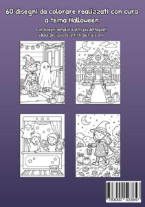 Quarta di copertina viola con quattro esempi: una strega e un fantasma davanti a una porta decorata con zucche, una casa di Halloween circondata da lanterne di zucca, bambini a un piccolo teatrino con personaggi di Halloween e una strega con lanterna durante una passeggiata notturna.
