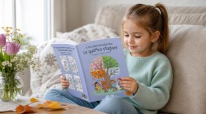 Una bambina sfoglia un libro da colorare sulle quattro stagioni seduta sul divano, con foglie autunnali sul tavolo e un vaso di fiori accanto.