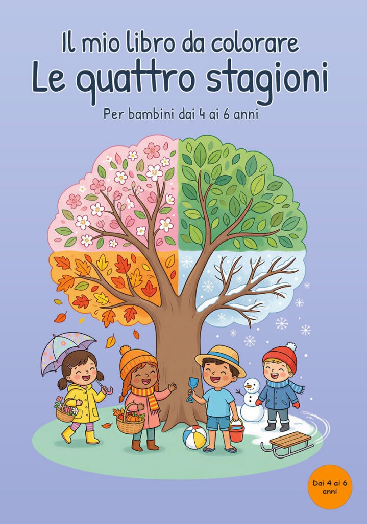 Copertina color lilla con un grande albero diviso tra primavera, estate, autunno e inverno e quattro bambini ai suoi piedi con ombrello, cestino autunnale, secchiello da spiaggia, pupazzo di neve e slitta.
