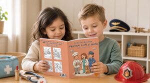Due bambini sfogliano un libro da colorare sui mestieri seduti a un tavolo; accanto ci sono una valigetta di pronto soccorso con stetoscopio e un casco rosso da vigile del fuoco, mentre sullo sfondo si vede un berretto da pilota.