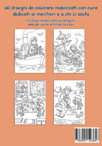 Quarta di copertina color pesca con quattro esempi: un capitano al timone di una barca, una subacquea vicino a un relitto con una tartaruga, un’educatrice con bambini a un tavolo e una persona impegnata in uno scavo insieme a un bambino.