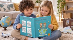 Due bambini sfogliano un libro da colorare sul viaggio intorno al mondo seduti sul tappeto, accanto a un mappamondo, un aeroplano giocattolo, una carta geografica e una valigia decorata con cartoline.