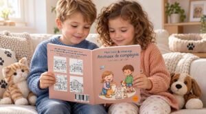 Deux enfants assis sur un canapé regardent un livre de coloriage sur les animaux de compagnie, entourés de peluches de chat et de chien, avec un chien endormi à l’arrière-plan.