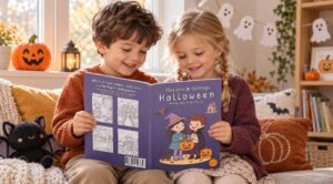 Deux enfants assis sur un canapé regardent ensemble un livre de coloriage Halloween dans un salon décoré pour l’automne, avec une citrouille-lanterne, une lanterne, une guirlande de fantômes et une peluche chauve-souris noire.