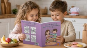 Deux enfants dans une cuisine regardent ensemble un livre de coloriage consacré aux repas et à la cuisine, avec une caisse de fruits au premier plan et une assiette de biscuits décorés à droite.