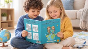 Deux enfants assis sur un tapis regardent un livre de coloriage sur le voyage autour du monde, avec un globe, une carte, un avion miniature et une valise autour d’eux.