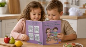 Una niña y un niño miran juntos la edición en inglés de un libro para colorear sobre comida, cocina y delicias en una cocina luminosa, con fruta y galletas decoradas sobre la mesa.