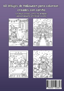 Contraportada morada en inglés de My Coloring Book Halloween con cuatro dibujos de muestra: una bruja y un fantasma en una puerta con calabazas, una casa decorada para Halloween, dos niños en un teatro de marionetas y una pequeña bruja paseando de noche con un farolillo entre calabazas.