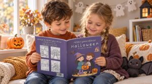 Un niño y una niña miran juntos la edición en inglés de un libro para colorear de Halloween sentados en un sofá, con una calabaza decorativa, una linterna, fantasmas de papel en la ventana y un murciélago de peluche a su lado.