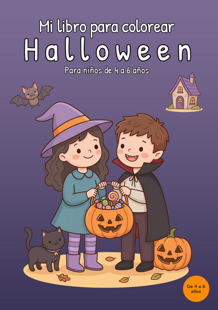 Portada morada en inglés de My Coloring Book Halloween con una niña disfrazada de bruja y un niño disfrazado de vampiro sosteniendo un cubo de calabaza con dulces, junto a un gato negro, otra calabaza, un murciélago y una pequeña casa de Halloween.