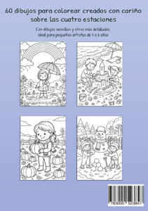 Contraportada azul lavanda en inglés de un libro para colorear sobre las cuatro estaciones con cuatro dibujos de muestra: una niña con paraguas bajo un arcoíris, dos niños construyendo un castillo de arena, una niña con una calabaza en un campo y dos niños junto a un muñeco de nieve.
