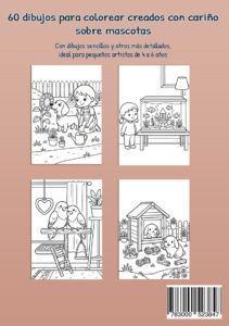 Contraportada rosa salmón en inglés de un libro para colorear sobre mascotas con cuatro dibujos de muestra: una niña con un perro en un jardín, una niña delante de un acuario, dos pájaros sobre una percha y dos conejos junto a una caseta en el jardín.
