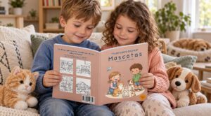 Un niño y una niña miran juntos la edición en inglés de un libro para colorear sobre mascotas sentados en un sofá, junto a peluches de gato y perro, mientras un perro descansa al fondo.
