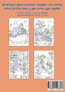 Contraportada naranja en inglés de un libro para colorear sobre profesiones con cuatro dibujos de muestra: un capitán al timón de un barco, una buceadora explorando un pecio bajo el agua, una educadora con varios niños realizando una actividad y un arqueólogo excavando junto a un niño.
